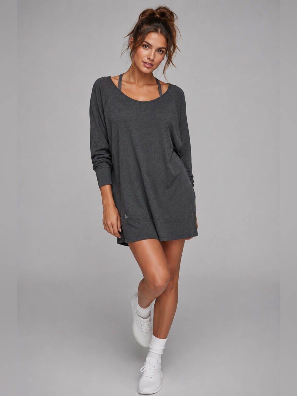 Lolë Gray Long Sleeve Athletic Tunic Dress Open Back Athleisure size M